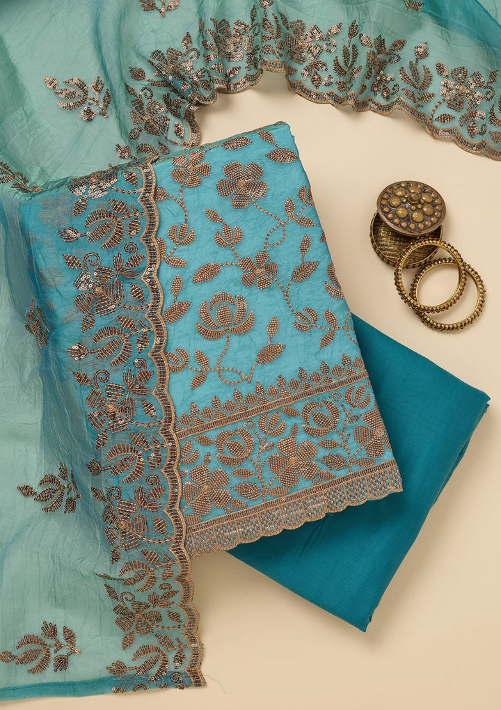 Turquoise Blue Zariwork Raw Silk Unstitched Salwar Suit-Koskii