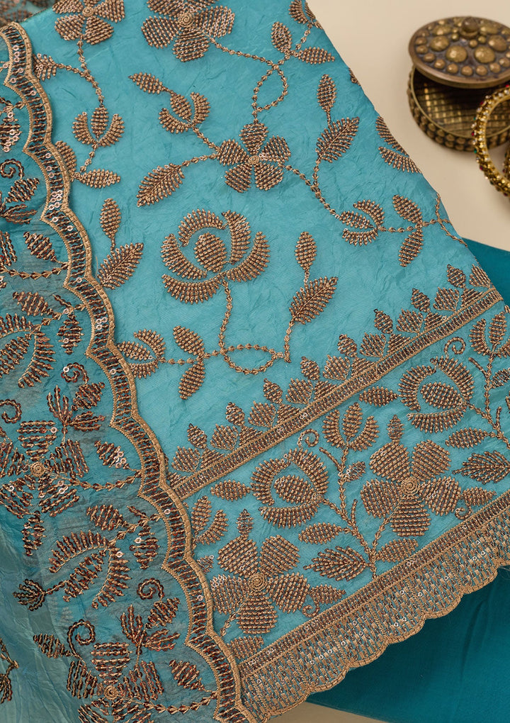 Turquoise Blue Zariwork Raw Silk Unstitched Salwar Suit-Koskii