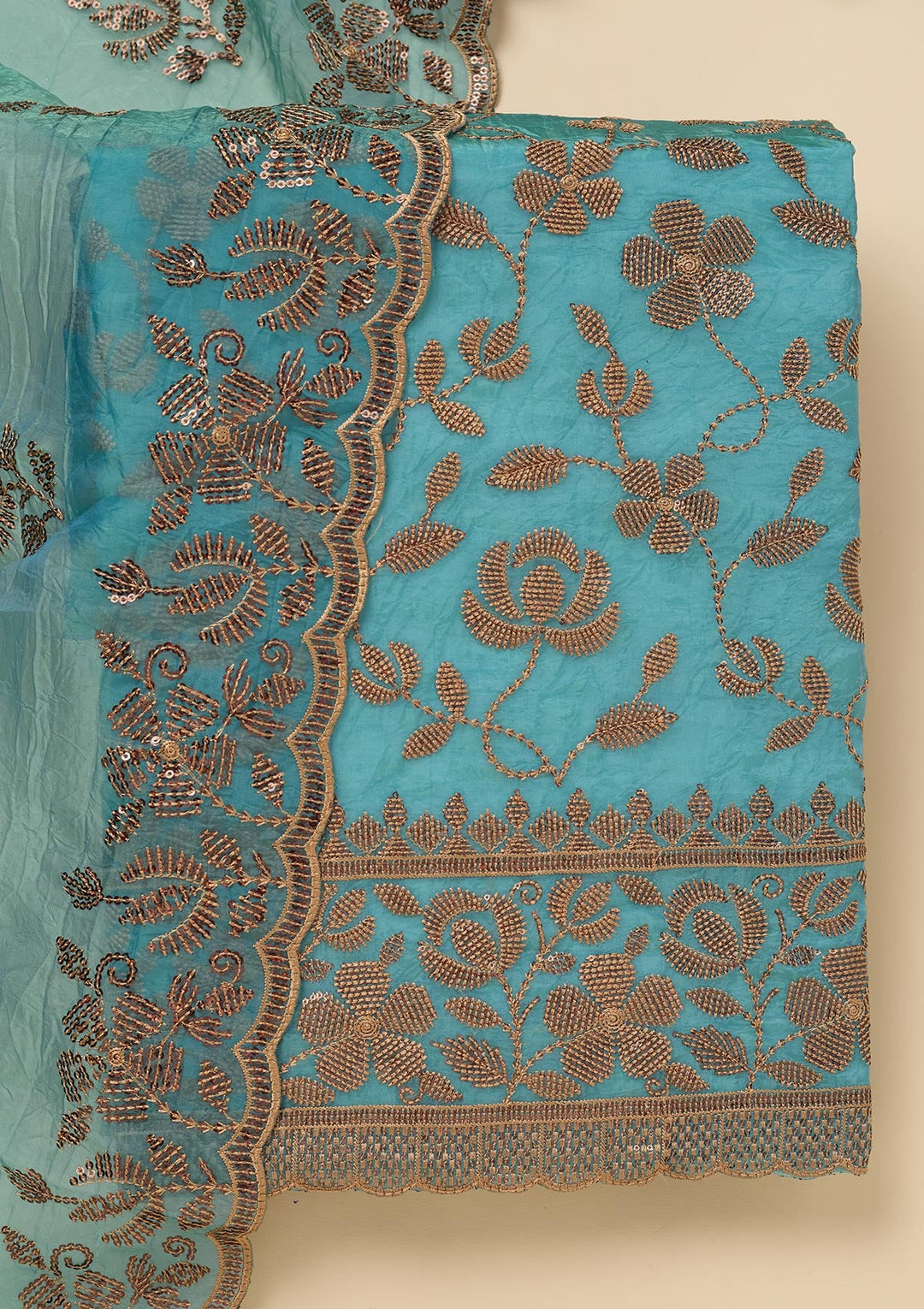 Turquoise Blue Zariwork Raw Silk Unstitched Salwar Suit-Koskii
