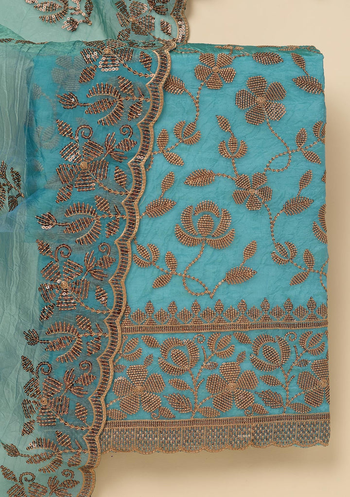 Turquoise Blue Zariwork Raw Silk Unstitched Salwar Suit-Koskii