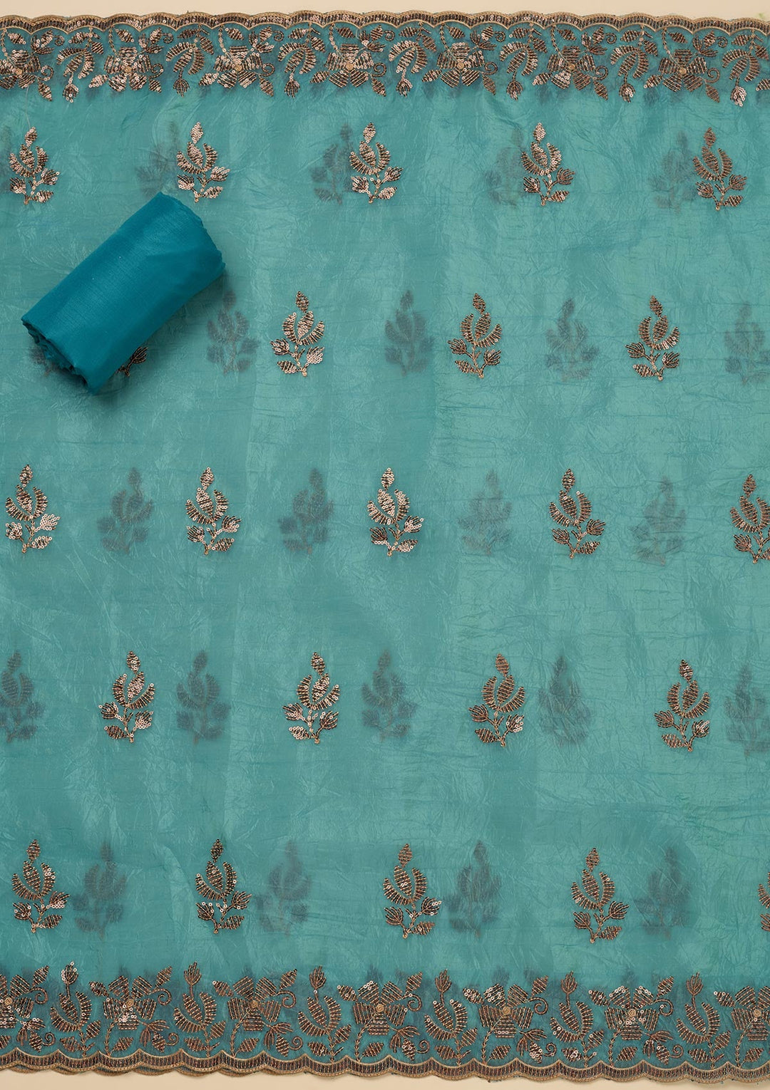 Turquoise Blue Zariwork Raw Silk Unstitched Salwar Suit-Koskii