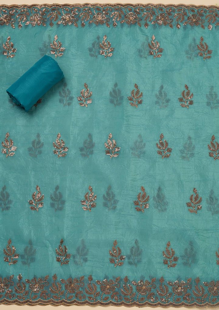 Turquoise Blue Zariwork Raw Silk Unstitched Salwar Suit-Koskii