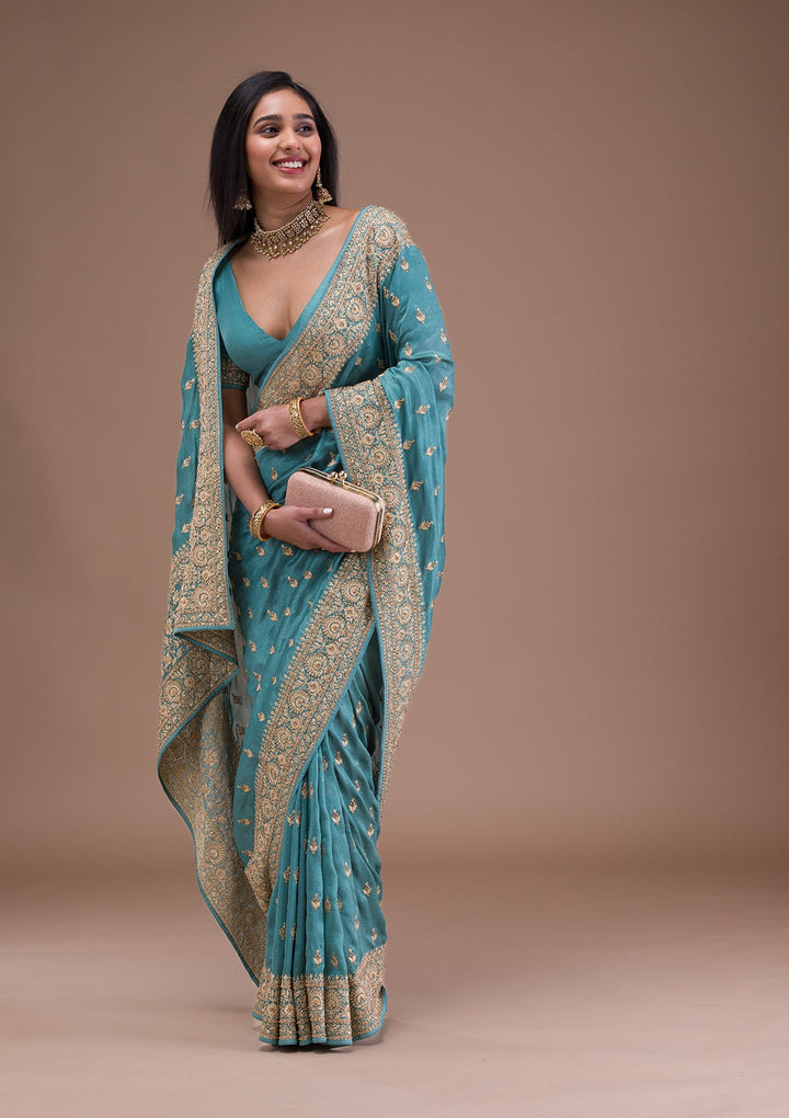 Sea Green Zariwork Raw Silk Saree-Koskii