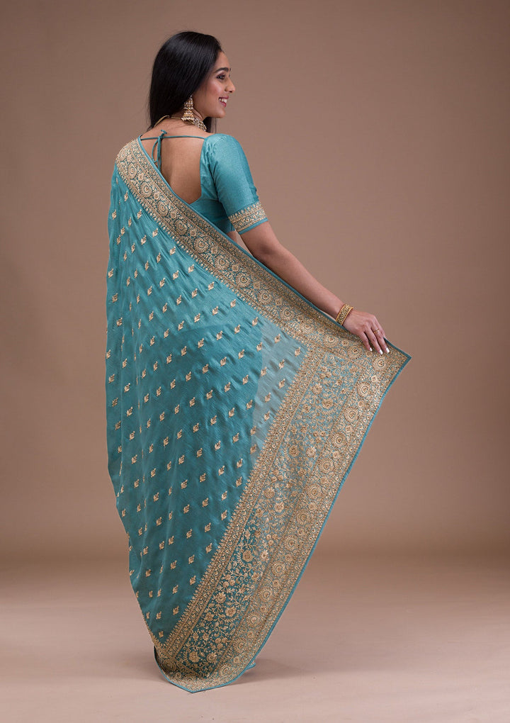 Sea Green Zariwork Raw Silk Saree-Koskii