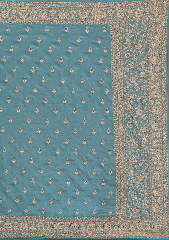 Sea Green Zariwork Raw Silk Saree-Koskii