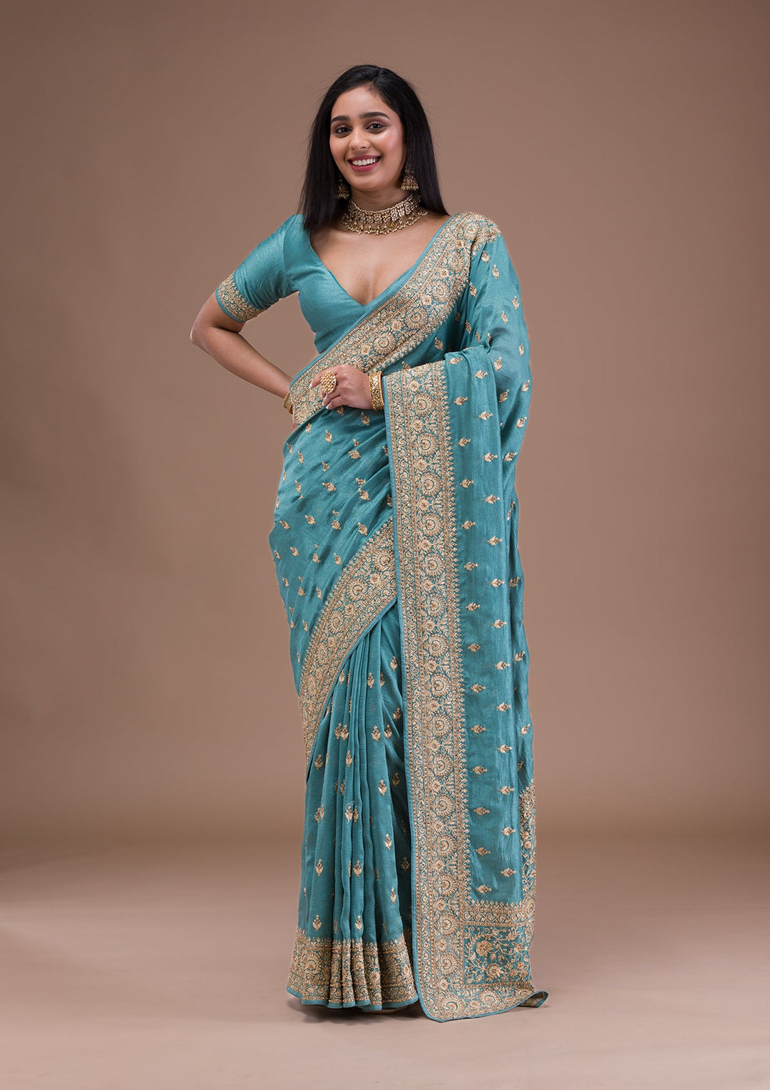 Sea Green Zariwork Raw Silk Saree-Koskii
