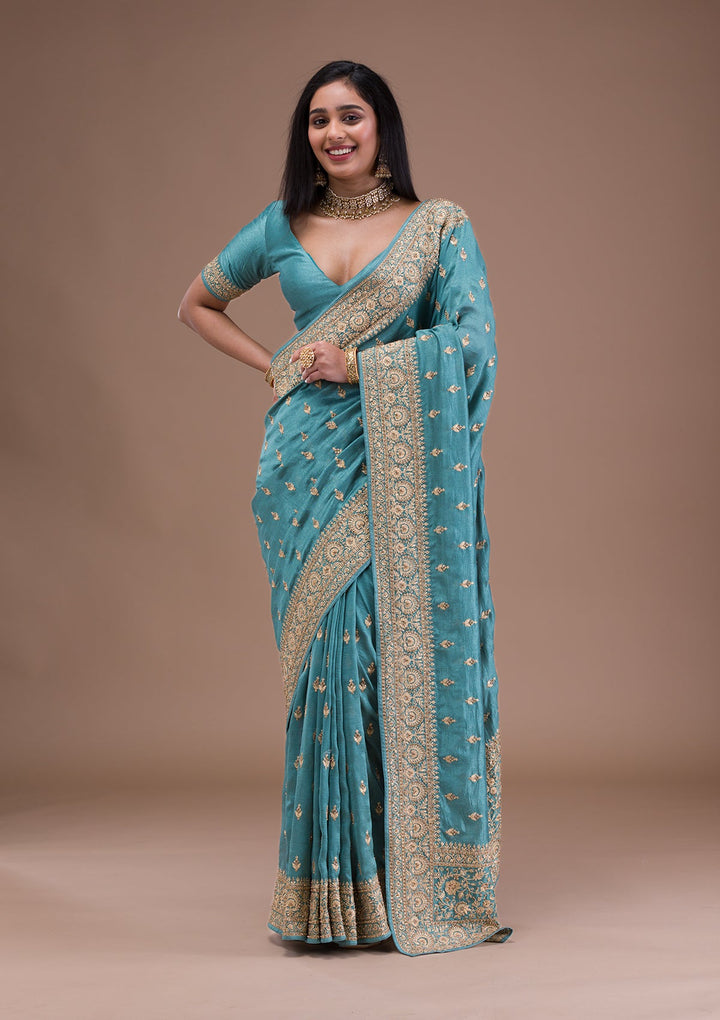 Sea Green Zariwork Raw Silk Saree-Koskii