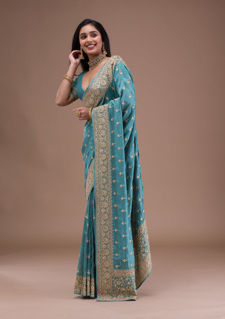 Sea Green Zariwork Raw Silk Saree-Koskii