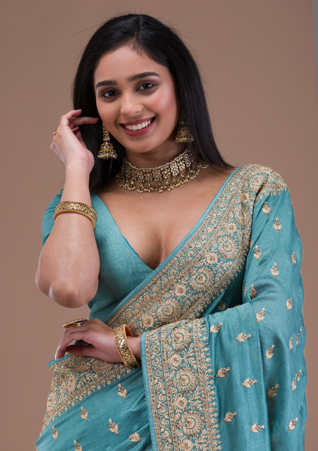 Sea Green Zariwork Raw Silk Saree-Koskii