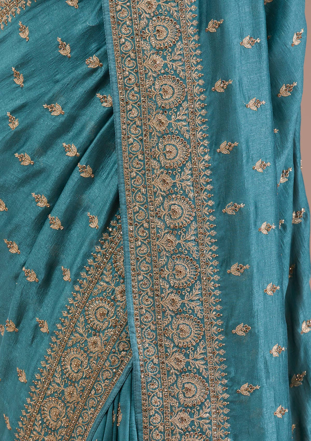 Sea Green Zariwork Raw Silk Saree-Koskii