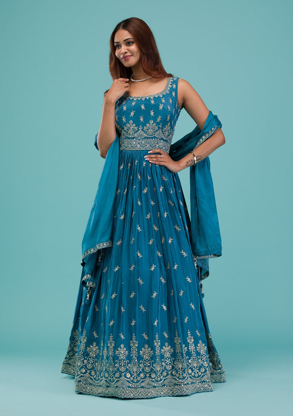 Turquoise Blue Zariwork Semi Crepe Readymade Salwar Suit-Koskii