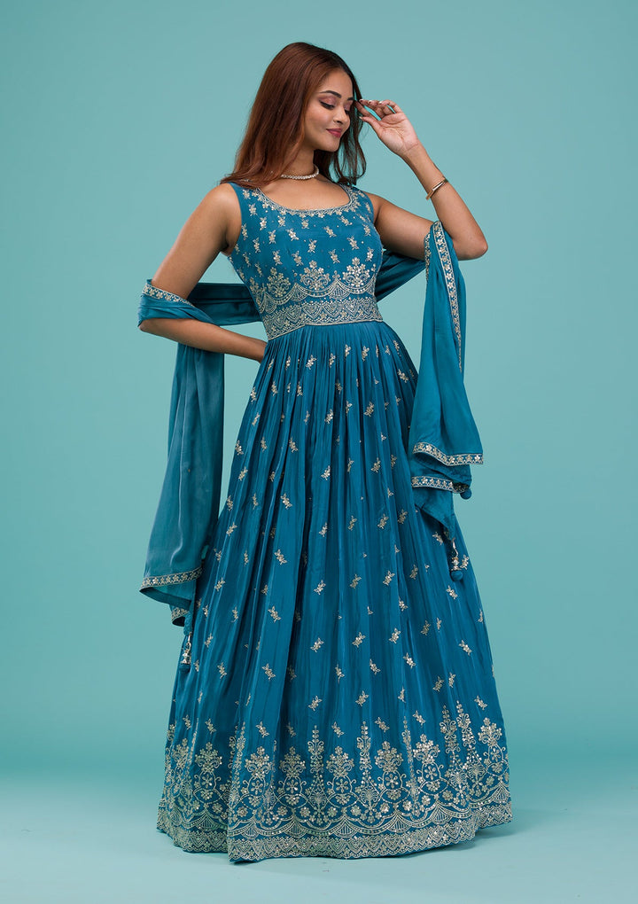 Turquoise Blue Zariwork Semi Crepe Readymade Salwar Suit-Koskii