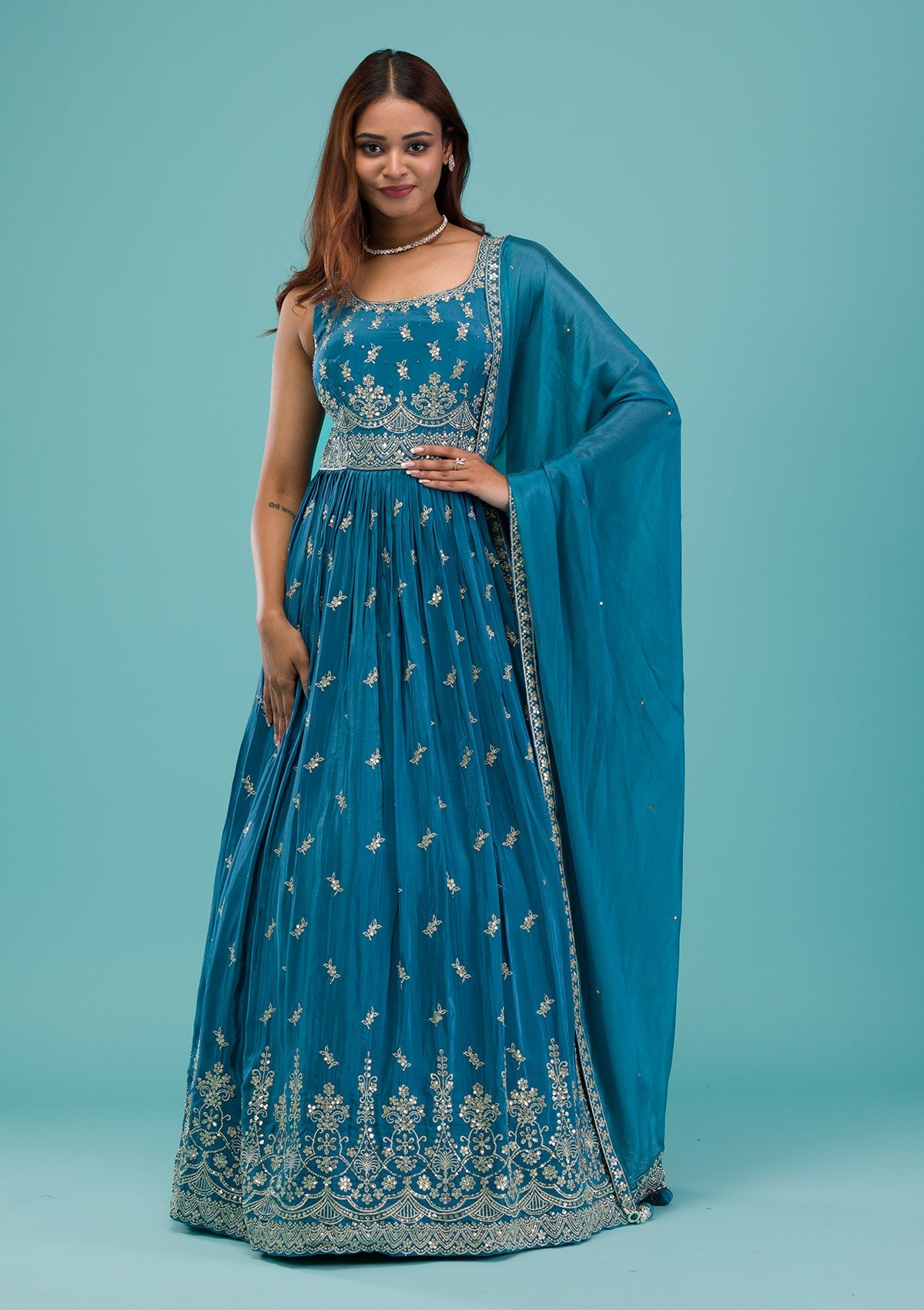 Turquoise Blue Zariwork Semi Crepe Readymade Salwar Suit-Koskii
