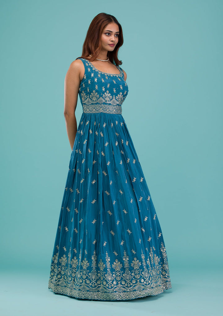 Turquoise Blue Zariwork Semi Crepe Readymade Salwar Suit-Koskii