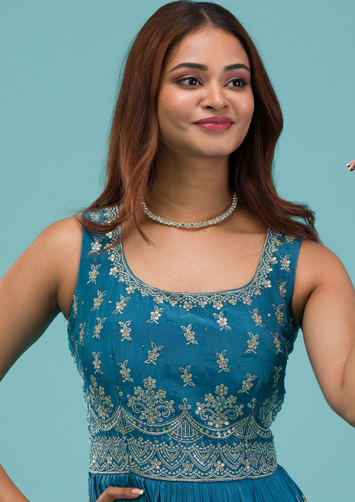 Turquoise Blue Zariwork Semi Crepe Readymade Salwar Suit-Koskii