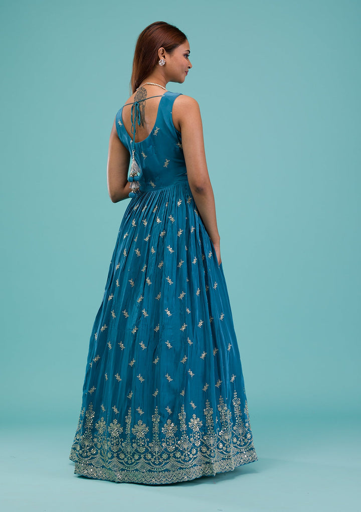 Turquoise Blue Zariwork Semi Crepe Readymade Salwar Suit-Koskii