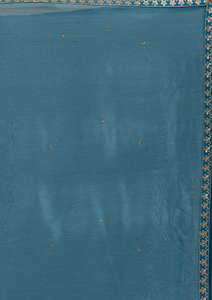 Turquoise Blue Zariwork Semi Crepe Readymade Salwar Suit-Koskii