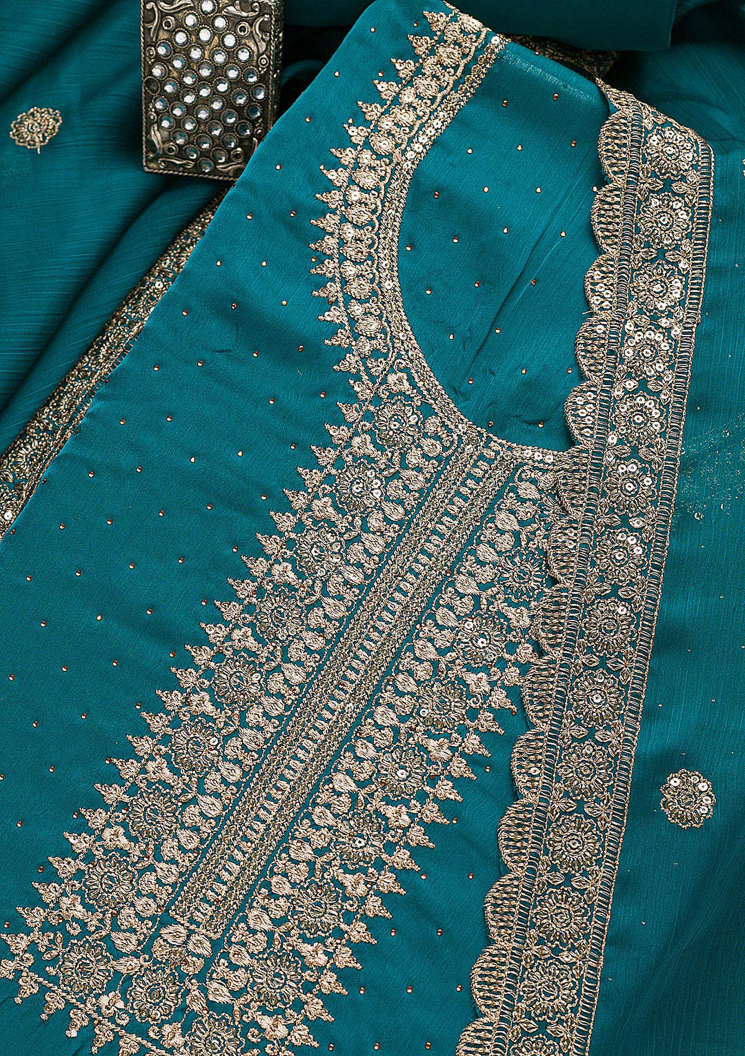 Turquoise Blue Zariwork Semi Crepe Unstitched Salwar Suit-Koskii