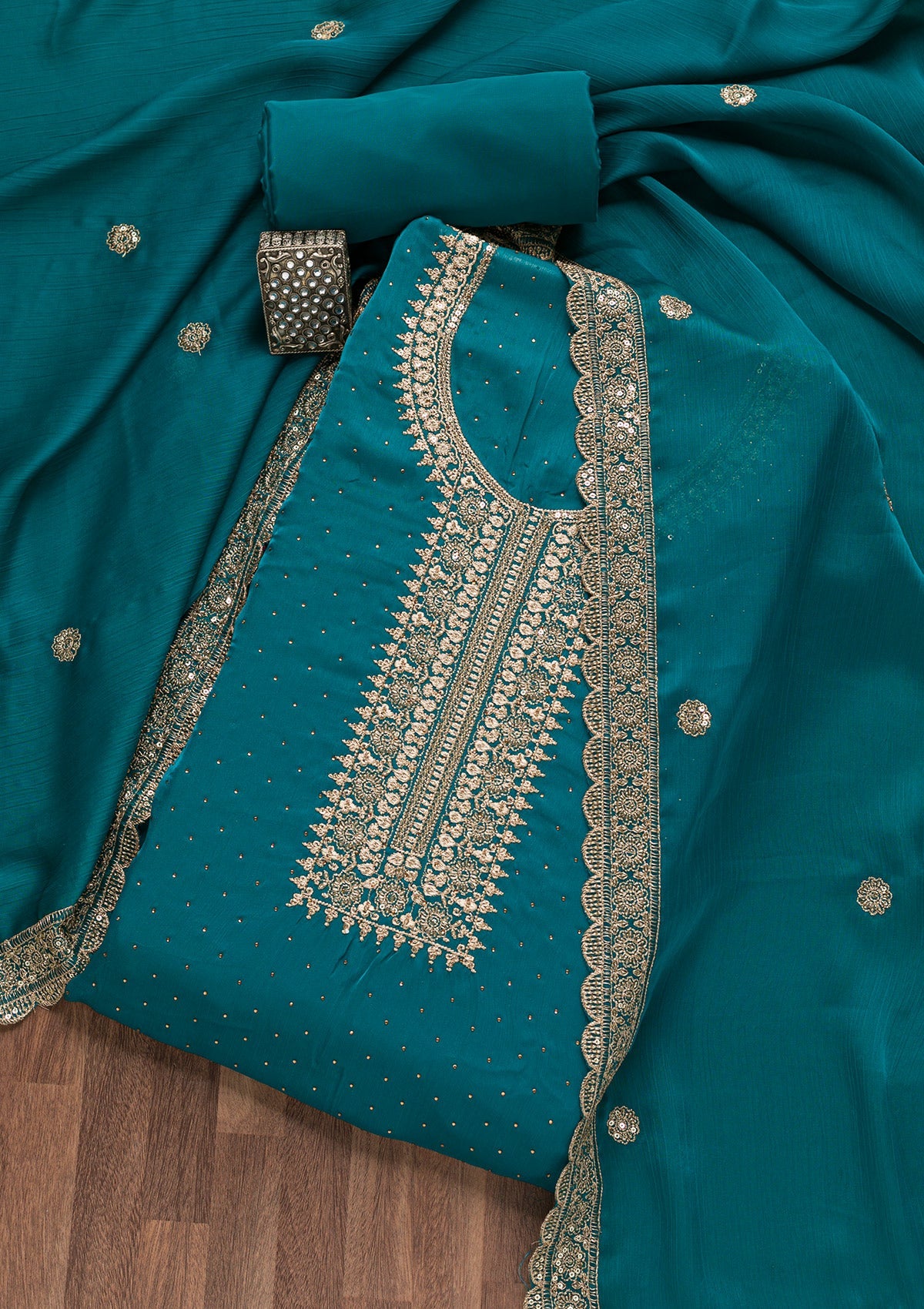 Turquoise Blue Zariwork Semi Crepe Unstitched Salwar Suit-Koskii