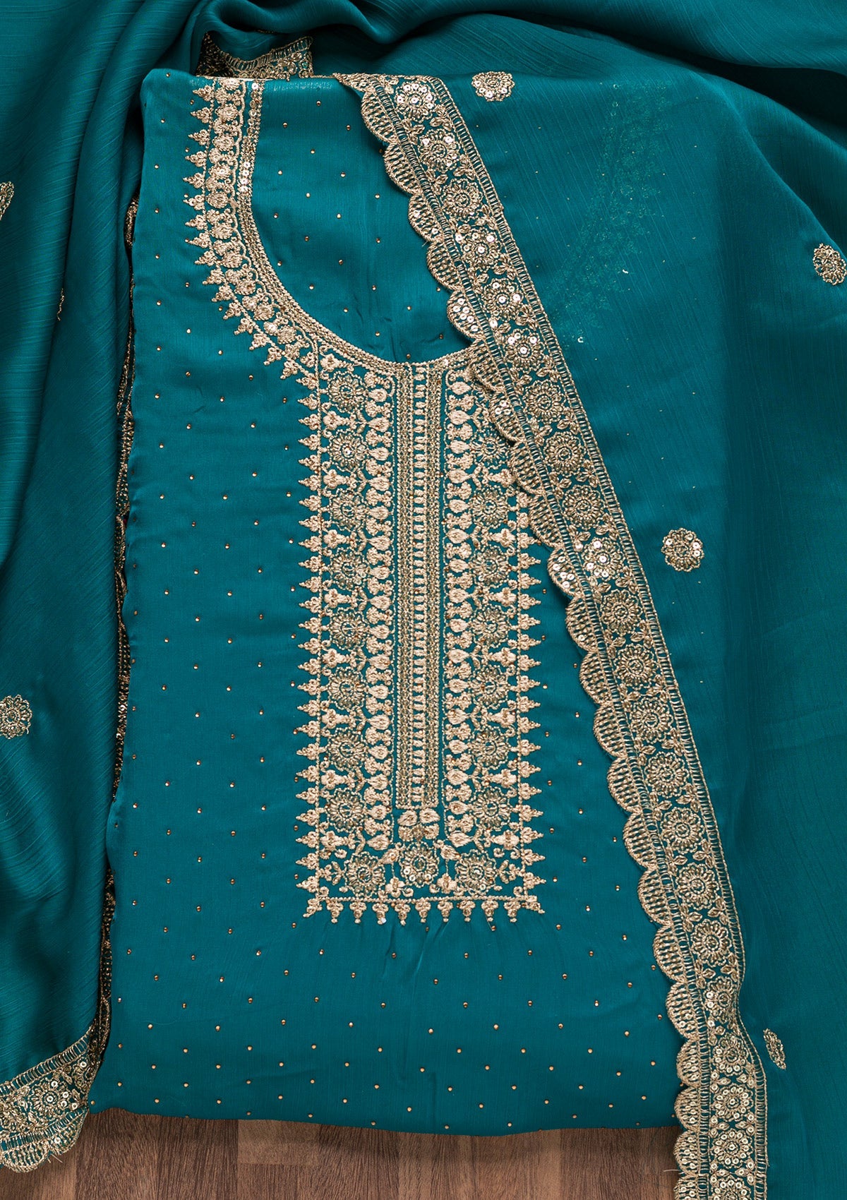 Turquoise Blue Zariwork Semi Crepe Unstitched Salwar Suit-Koskii