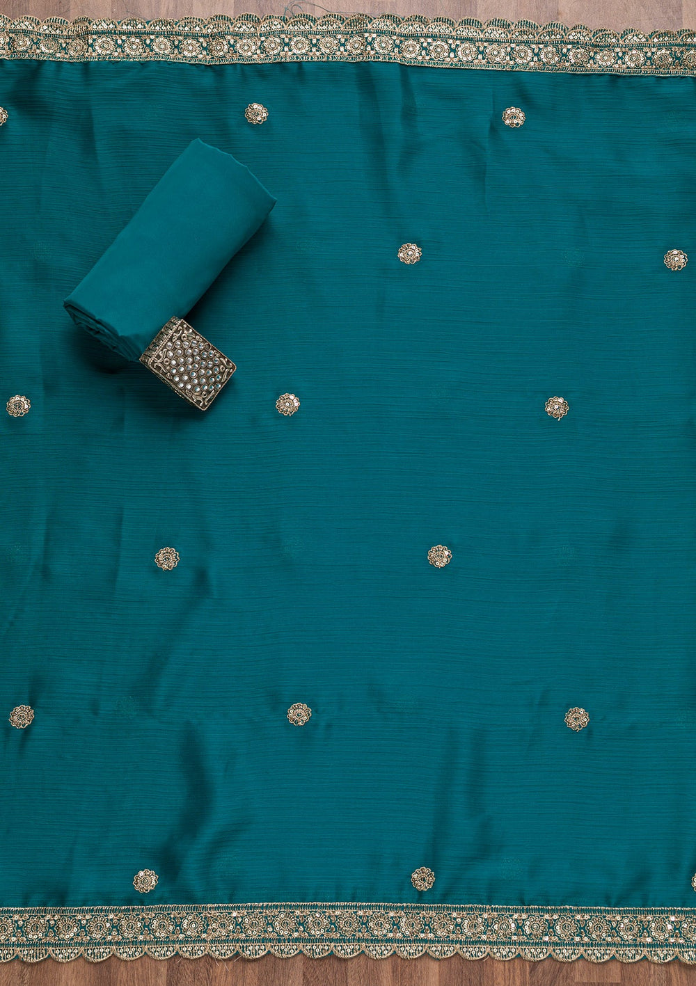 Turquoise Blue Zariwork Semi Crepe Unstitched Salwar Suit-Koskii