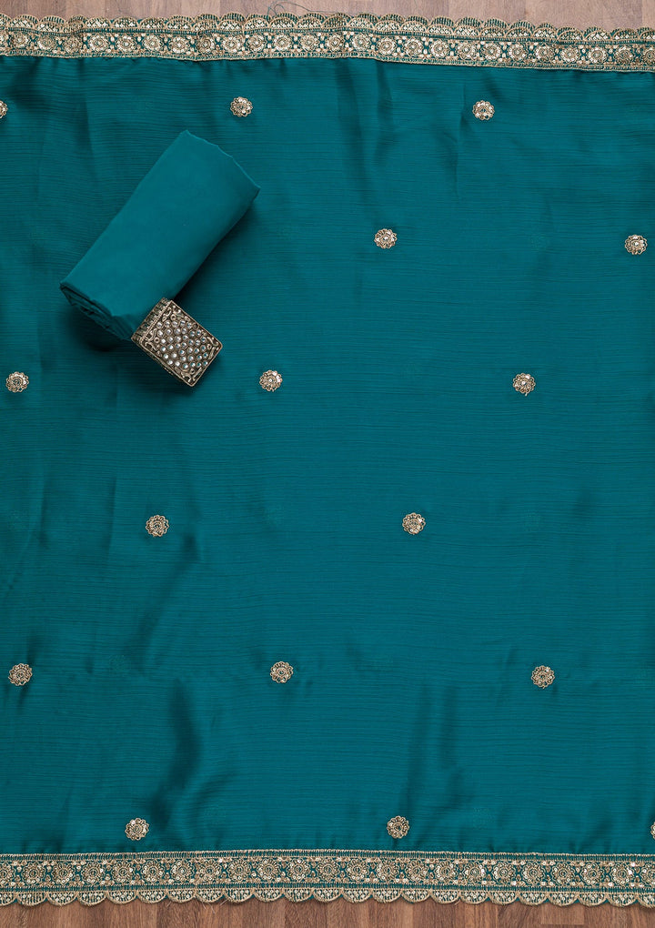 Turquoise Blue Zariwork Semi Crepe Unstitched Salwar Suit-Koskii