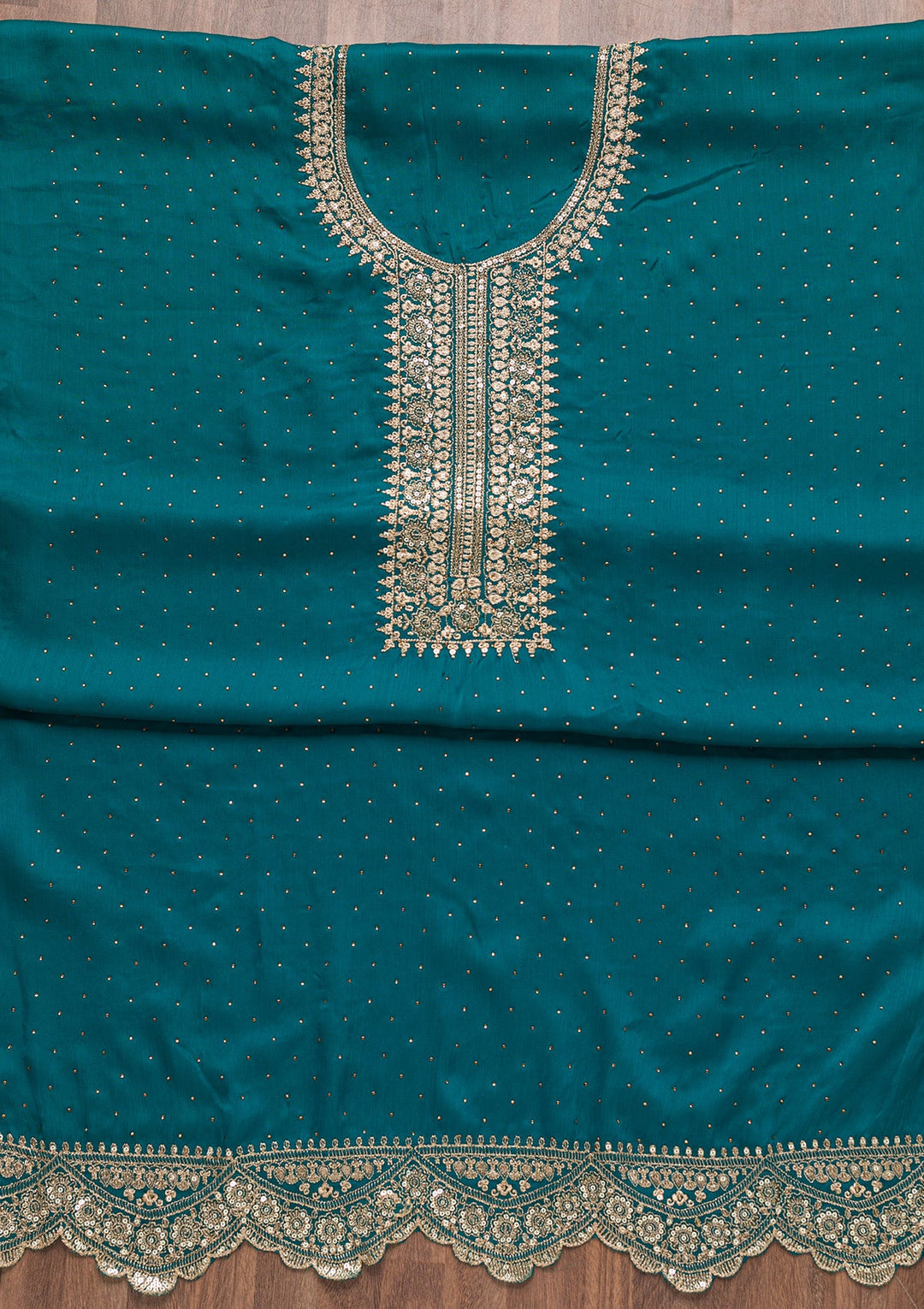 Turquoise Blue Zariwork Semi Crepe Unstitched Salwar Suit-Koskii