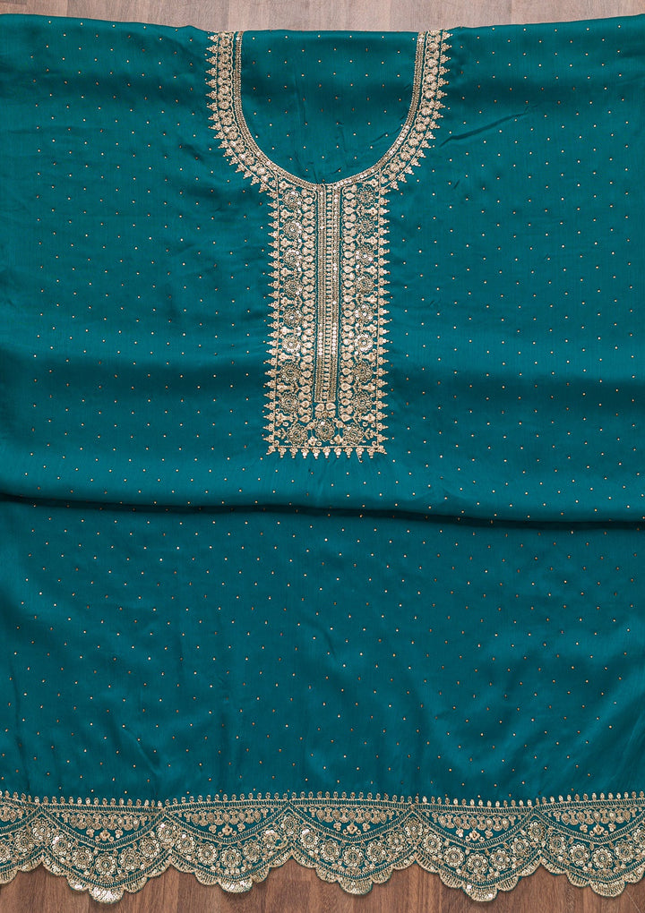 Turquoise Blue Zariwork Semi Crepe Unstitched Salwar Suit-Koskii
