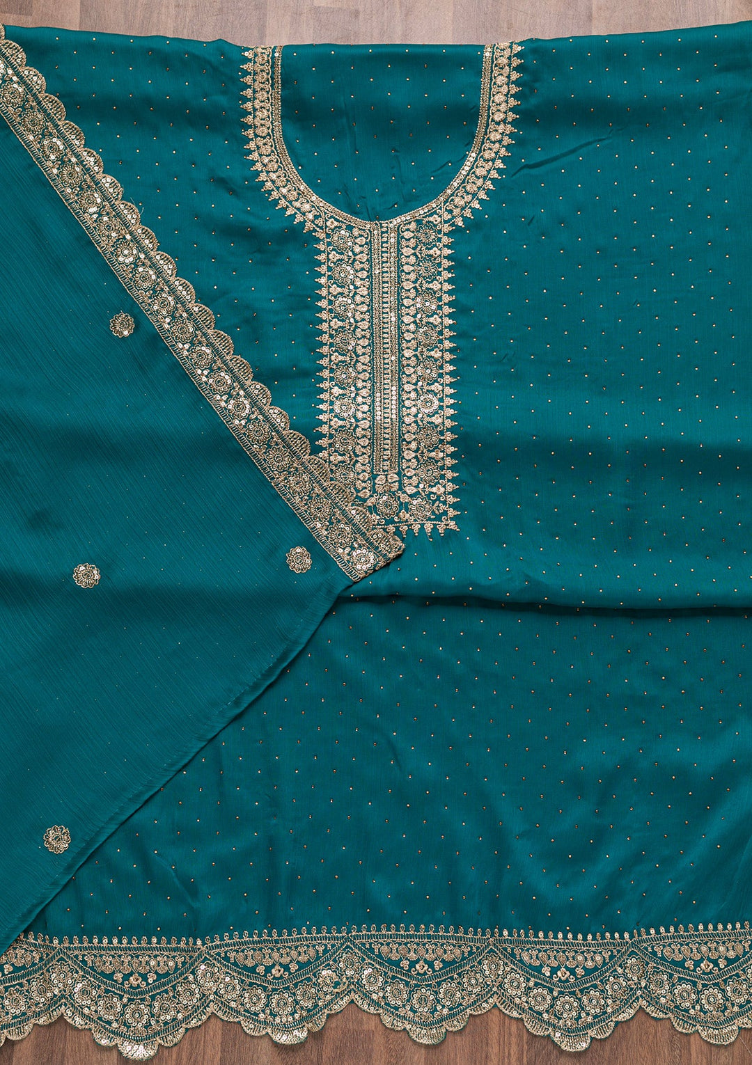Turquoise Blue Zariwork Semi Crepe Unstitched Salwar Suit-Koskii