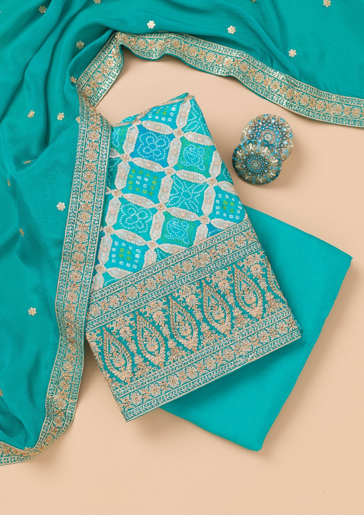 Turquoise Blue Zariwork Semi Crepe Unstitched Salwar Suit-Koskii