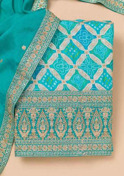 Turquoise Blue Zariwork Semi Crepe Unstitched Salwar Suit-Koskii