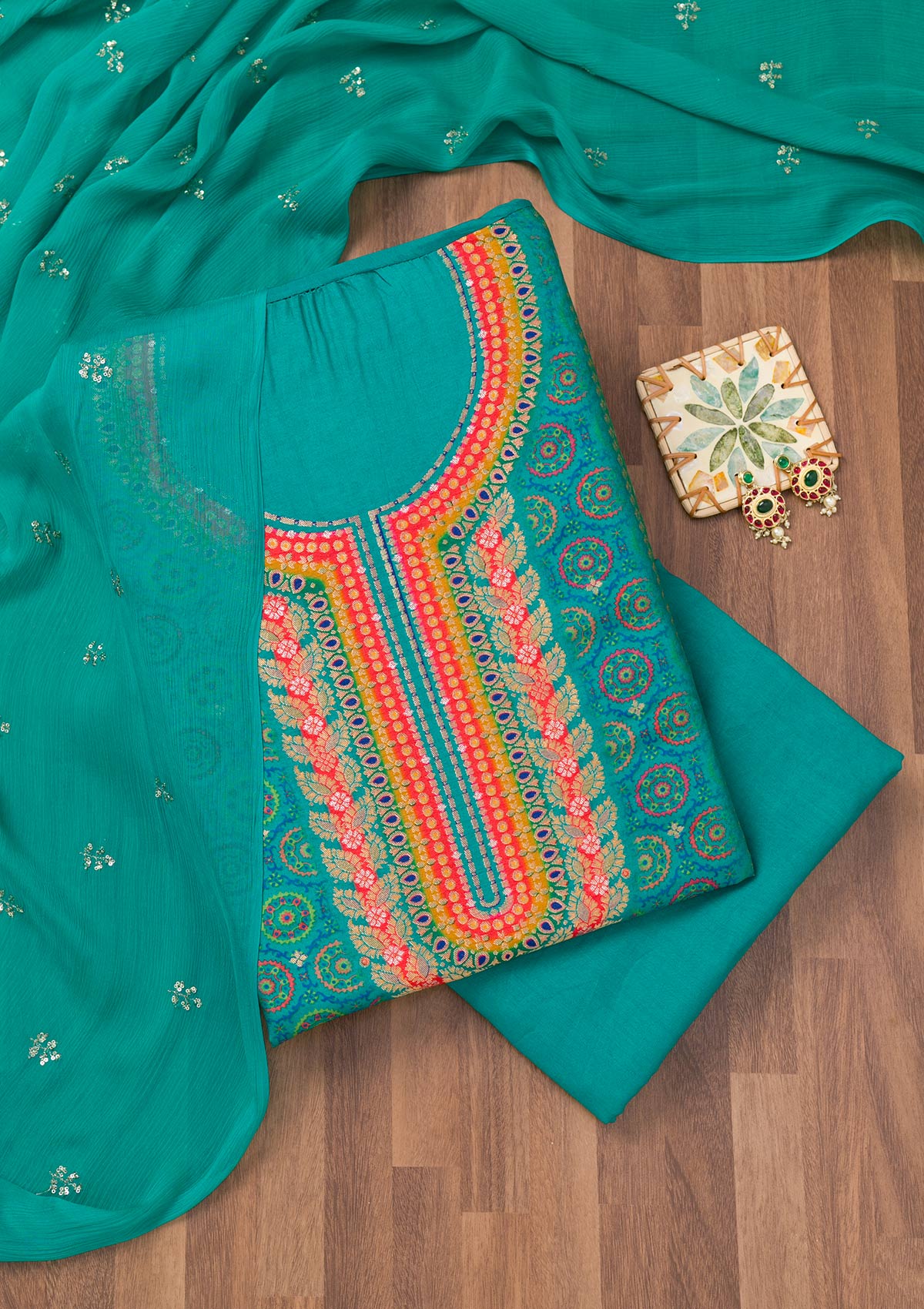 Turquoise Blue Zariwork Semi Crepe Unstitched Salwar Suit-Koskii