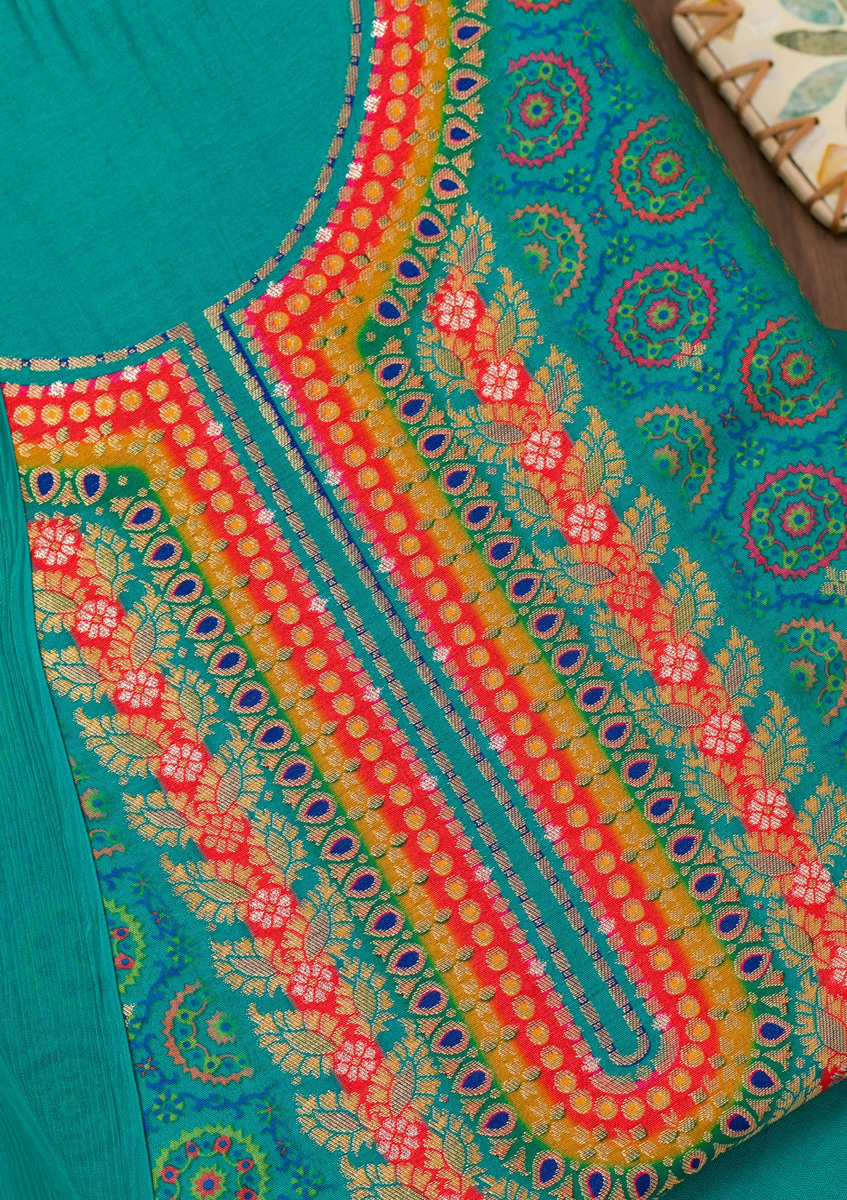 Turquoise Blue Zariwork Semi Crepe Unstitched Salwar Suit-Koskii