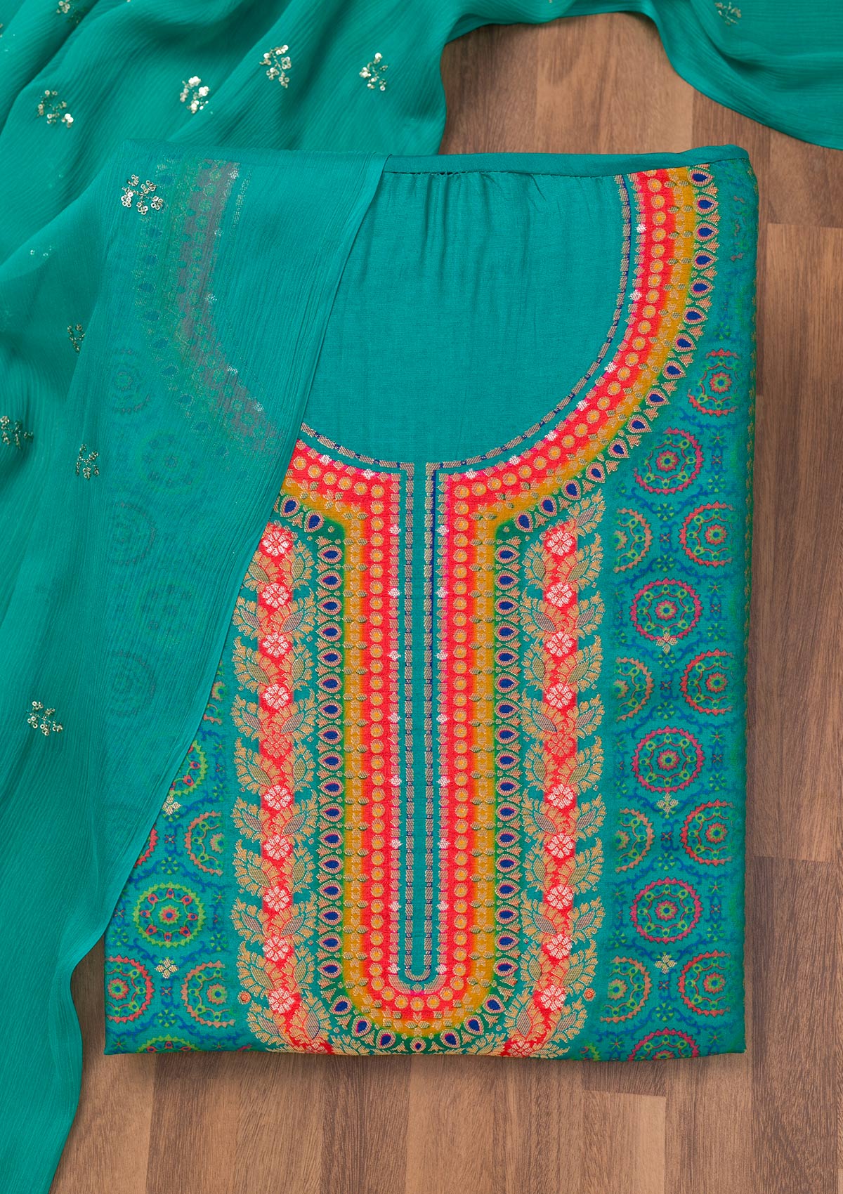 Turquoise Blue Zariwork Semi Crepe Unstitched Salwar Suit-Koskii