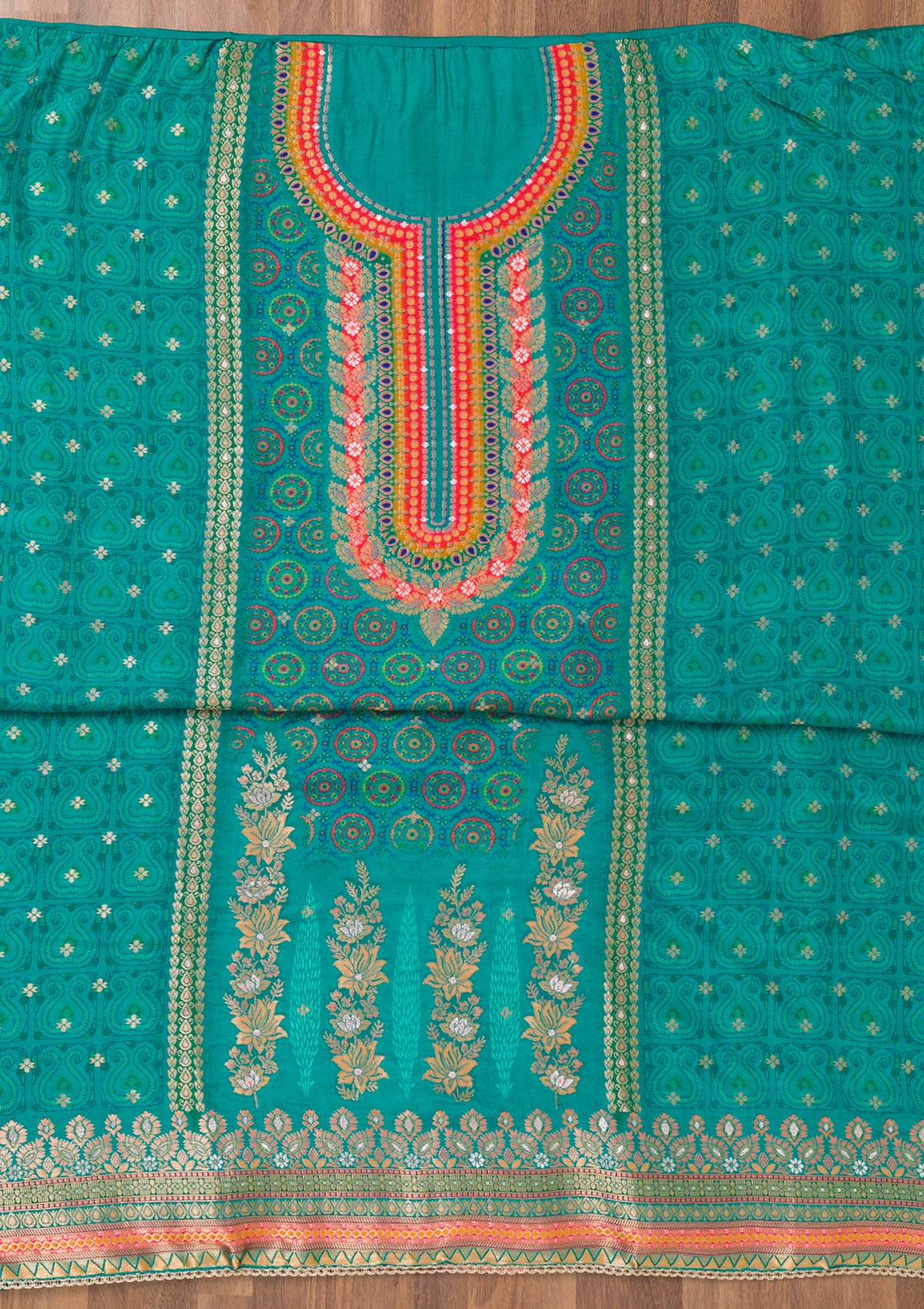 Turquoise Blue Zariwork Semi Crepe Unstitched Salwar Suit-Koskii