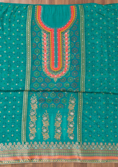 Turquoise Blue Zariwork Semi Crepe Unstitched Salwar Suit-Koskii