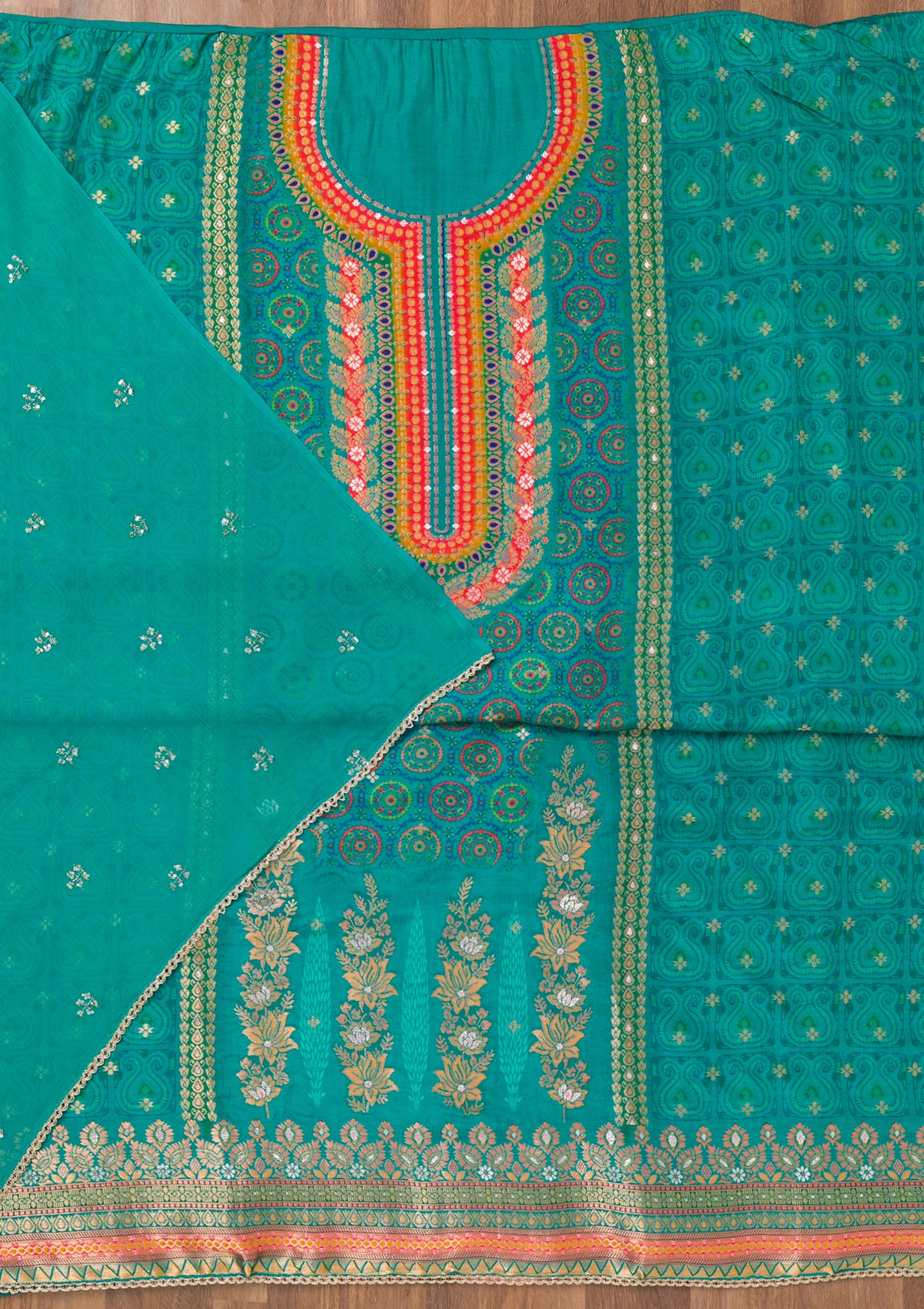 Turquoise Blue Zariwork Semi Crepe Unstitched Salwar Suit-Koskii