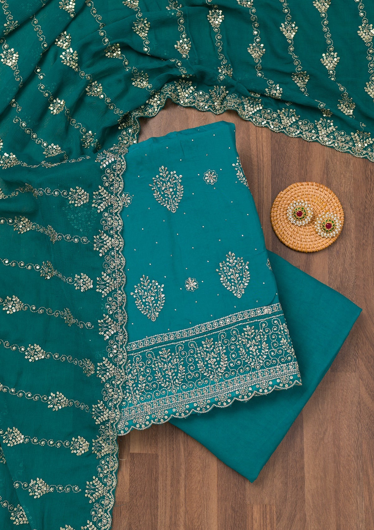 Turquoise Blue Zariwork Semi Crepe Unstitched Salwar Suit-Koskii