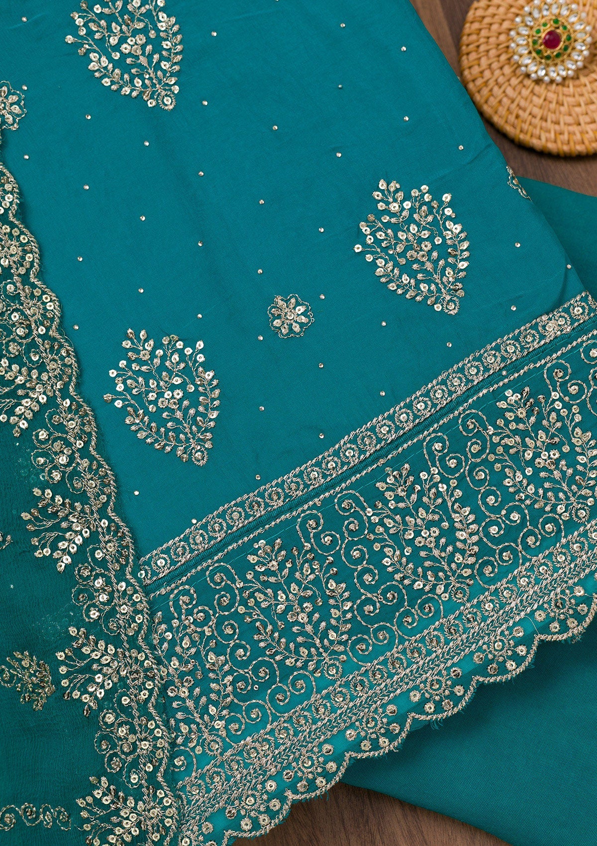 Turquoise Blue Zariwork Semi Crepe Unstitched Salwar Suit-Koskii