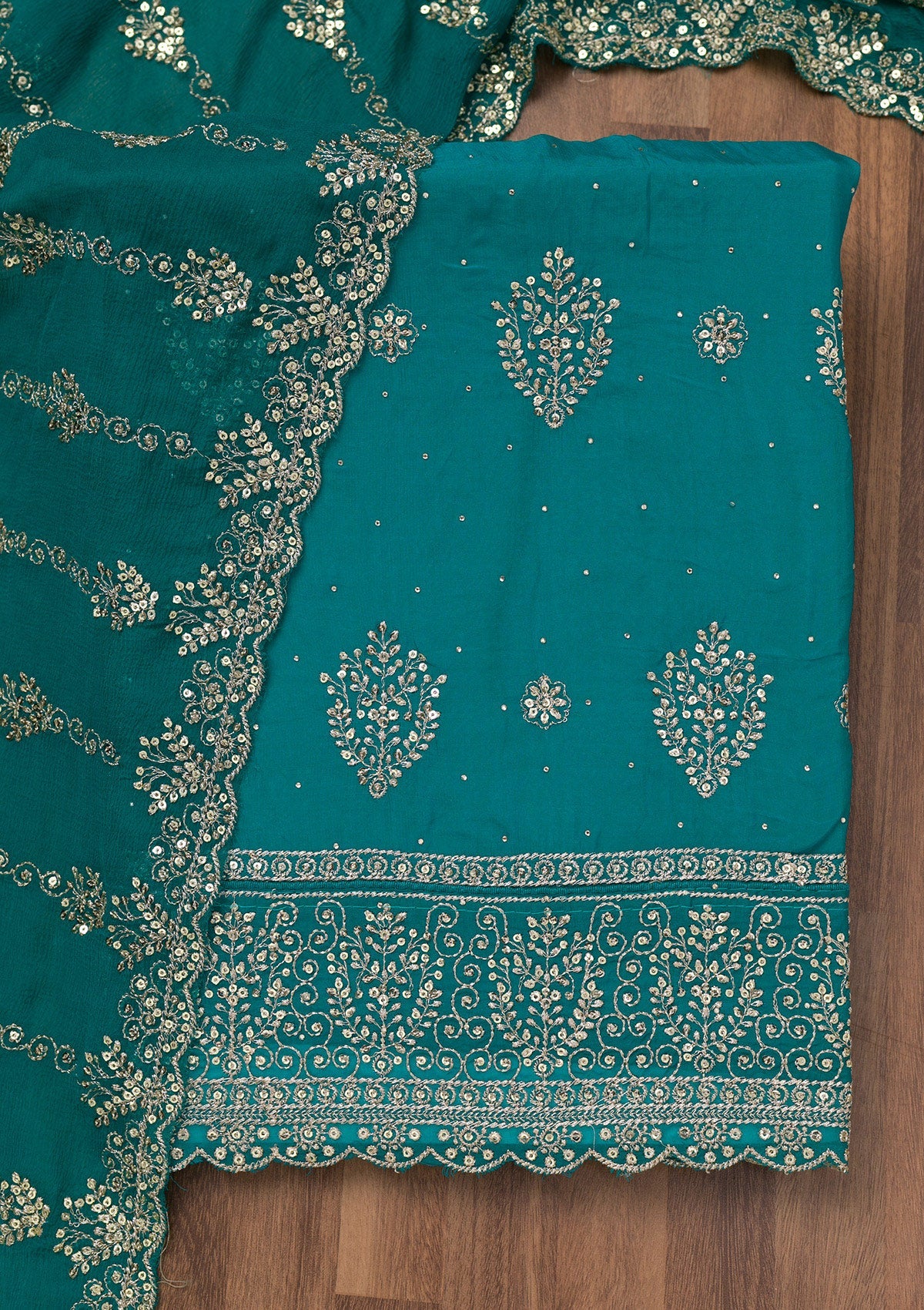 Turquoise Blue Zariwork Semi Crepe Unstitched Salwar Suit-Koskii