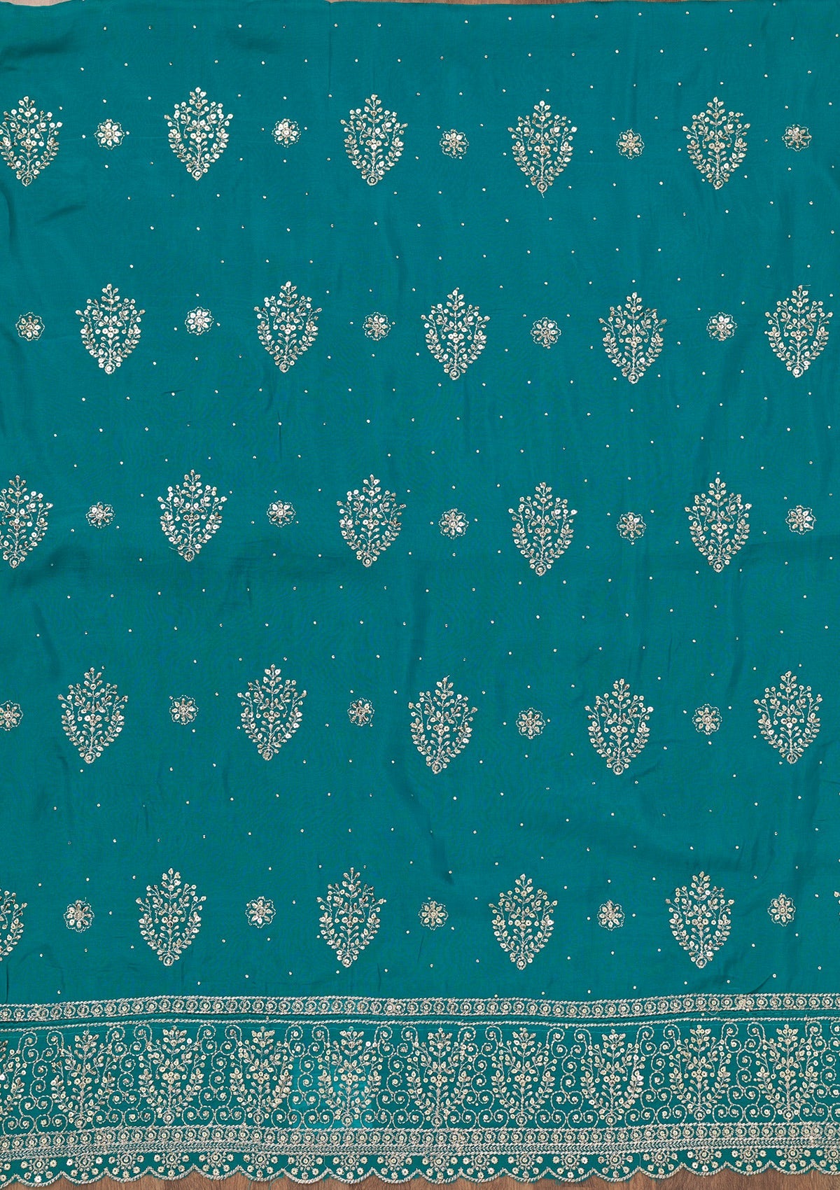 Turquoise Blue Zariwork Semi Crepe Unstitched Salwar Suit-Koskii