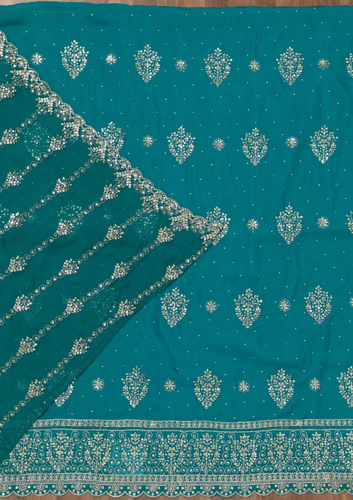 Turquoise Blue Zariwork Semi Crepe Unstitched Salwar Suit-Koskii