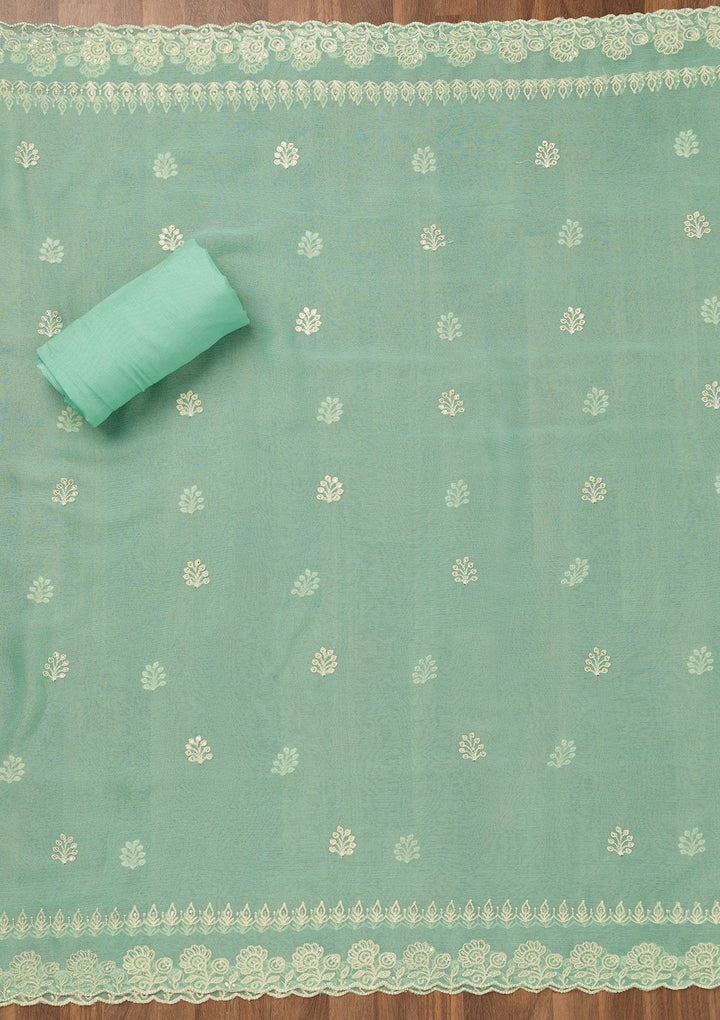 Turquoise Blue Zariwork Semi Crepe Unstitched Salwar Suit-Koskii