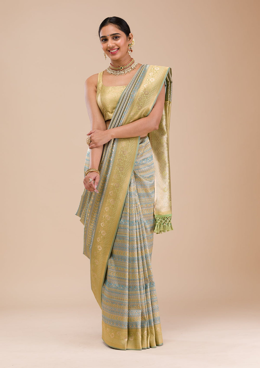 Turquoise Blue Zariwork Silk Saree-Koskii