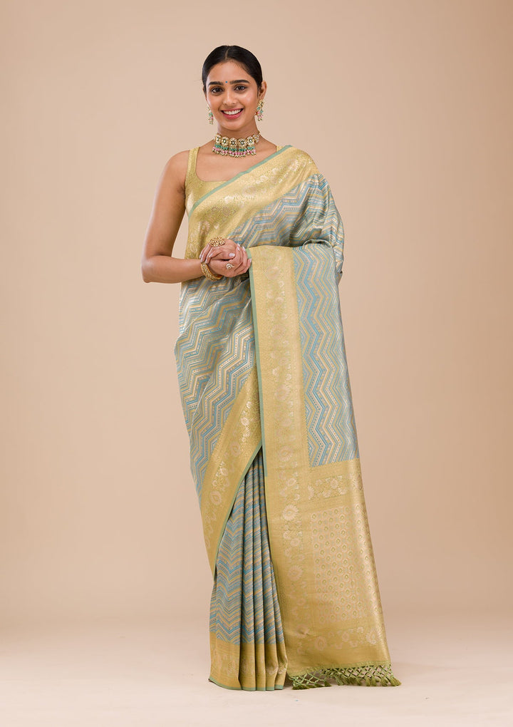 Turquoise Blue Zariwork Silk Saree-Koskii