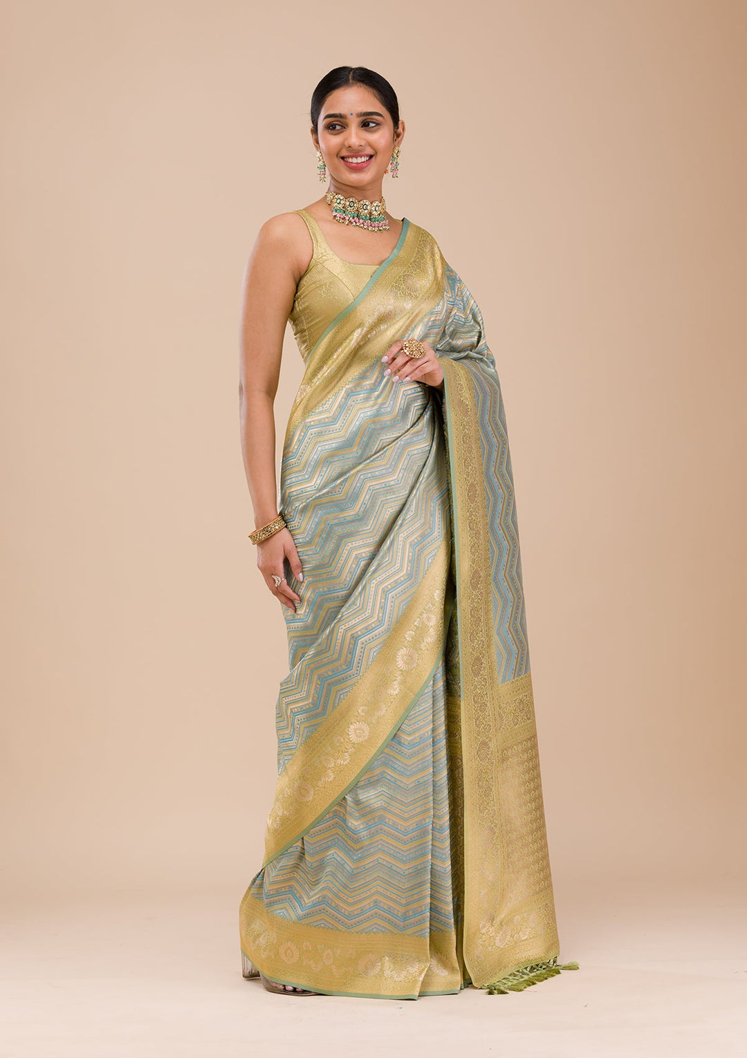 Turquoise Blue Zariwork Silk Saree-Koskii