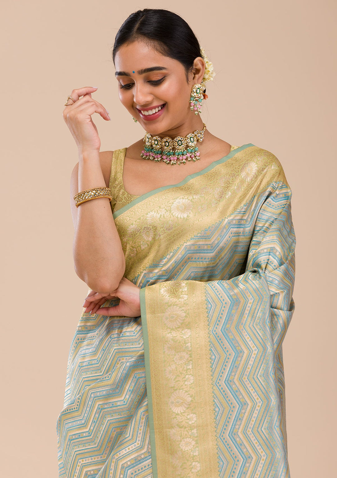 Turquoise Blue Zariwork Silk Saree-Koskii