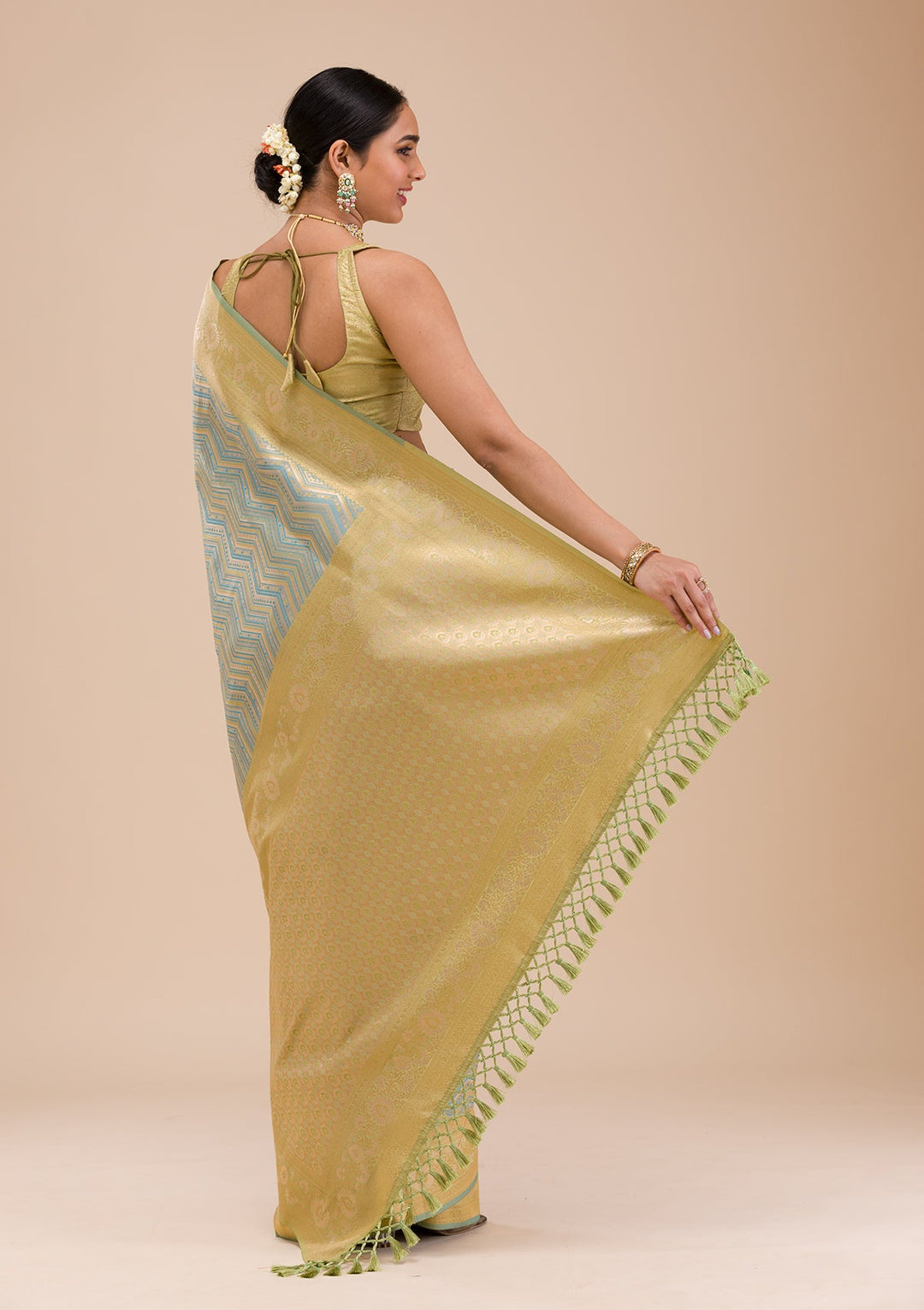 Turquoise Blue Zariwork Silk Saree-Koskii