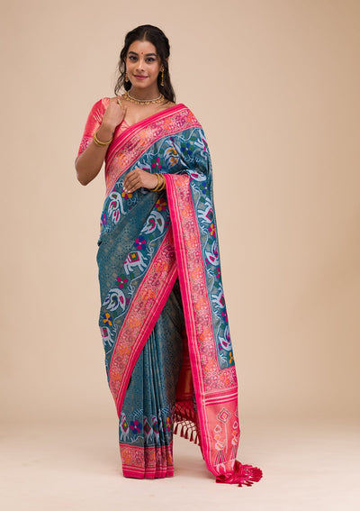 Turquoise Blue Zariwork Soft Silk Saree-Koskii