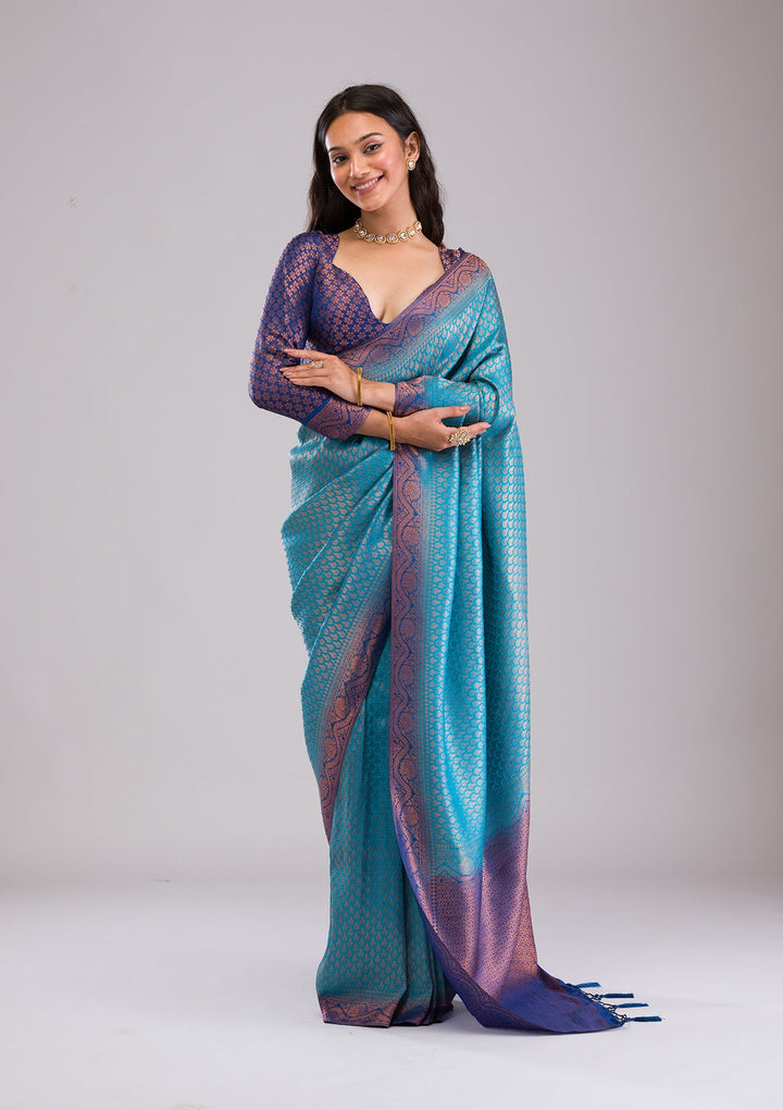 Turquoise Blue Zariwork Soft Silk Saree-Koskii